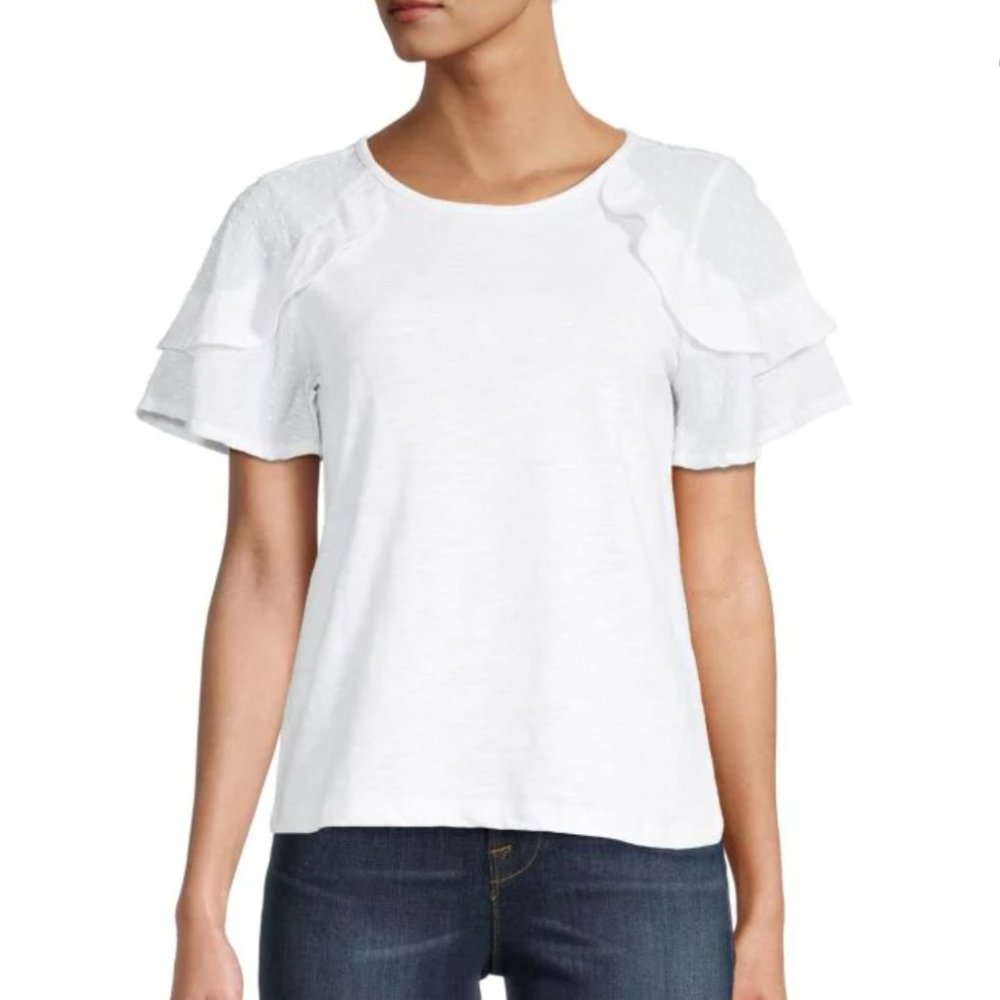 New Design365 Ruffle Sleeve Heathered White T-Shirt
